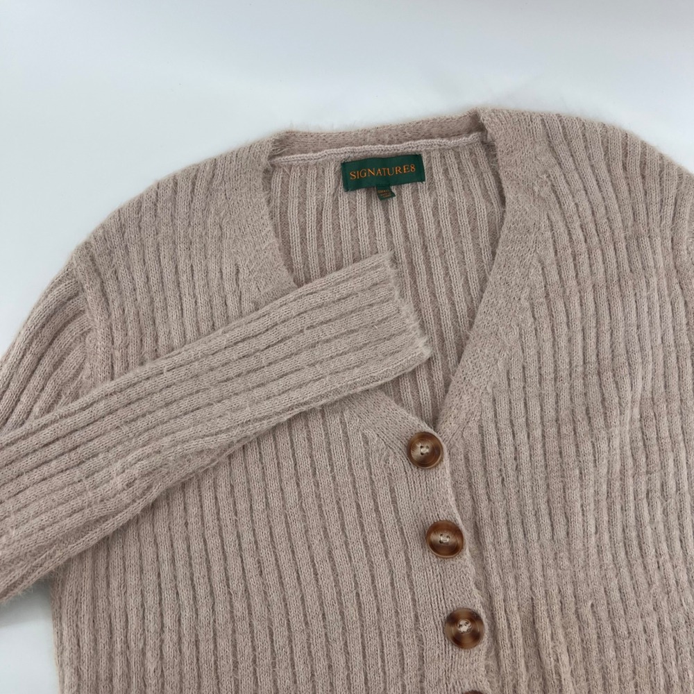 Signature8 Womens Beige Ribbed Fuzzy Cropped Cardigan Sweater V-Neck Small